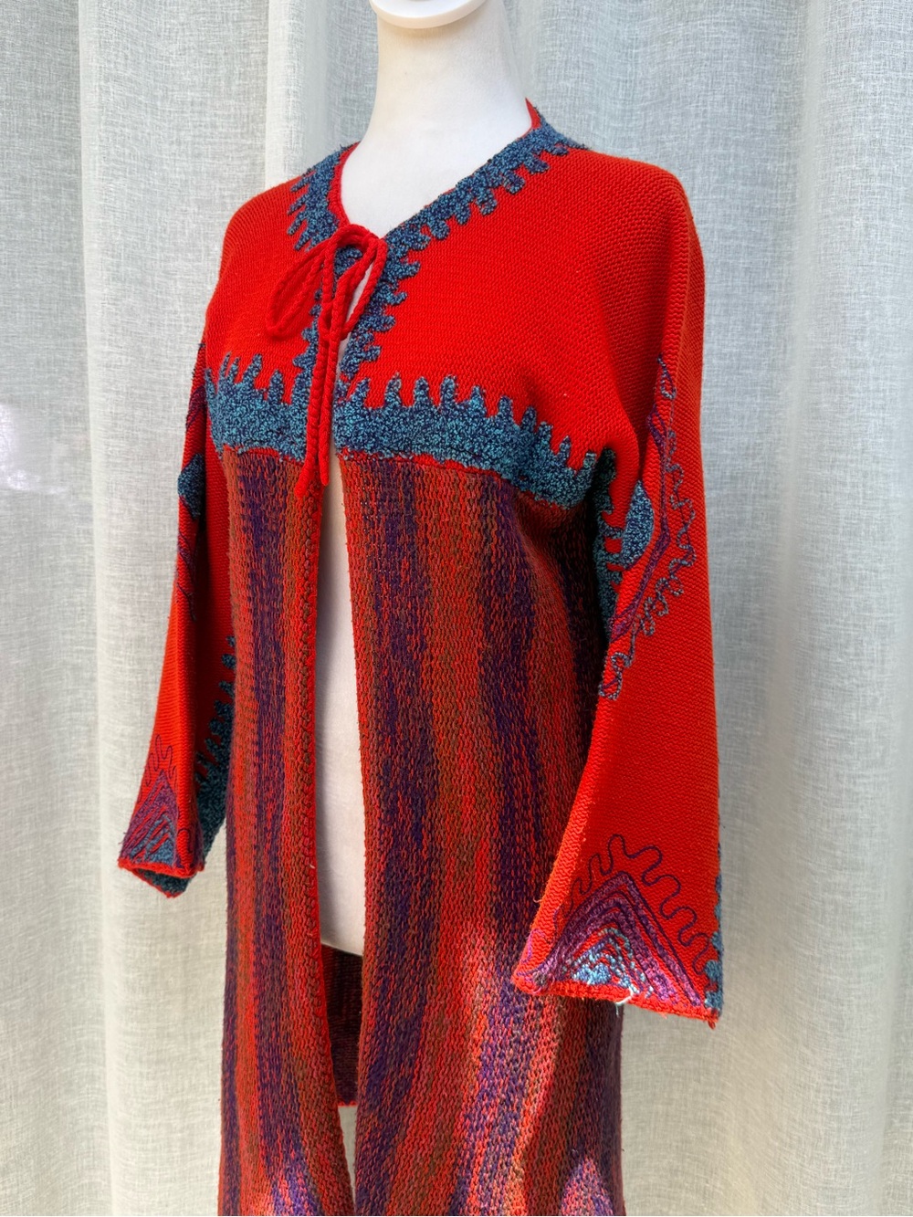 1970s Rikma striped duster jacket featuring a red and blue knitted - Picture 6 of 8